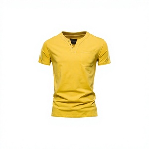 T-shirt pour homme jaune à col en V, coupe ajustée, manches courtes, couleur unie, décontracté, avec poche, en coton tricoté - Product Image 1
