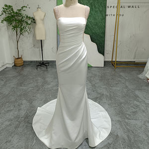 For LSSG102 Modern Long Beach Soft Satin <b>Boat</b> Neck <b>Floor</b>-Length Wedding Dress Flowers Lace Crystal Appliques Mermaid - Product Image 1