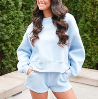 Ensemble 2 pièces décontracté pour femme : Sweat-shirt surdimensionné à col rond et manches ballon en coton épais et mini-short assorti – OEM