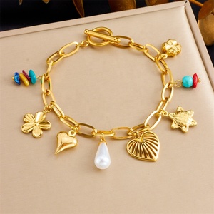 Bracelet tendance en acier inoxydable plaqué or, mélange de pendentifs en forme de fleur, de cœur et de motif marin, bracelet classique - Product Image 2