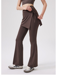 En gros, Pantalon de yoga évasé 2-en-1 pour femme, taille haute, extensible, uni, respirant, effet ventre plat, avec jupe intégrée, pour Pilates - Product Image 2