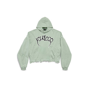 Sudadera con capucha para hombre de algodón 100% de alto gramaje, estilo streetwear, con dobladillo sin rematar, lavado ácido, tipo pullover, corta, desgastada y de corte holgado - Product Image 1