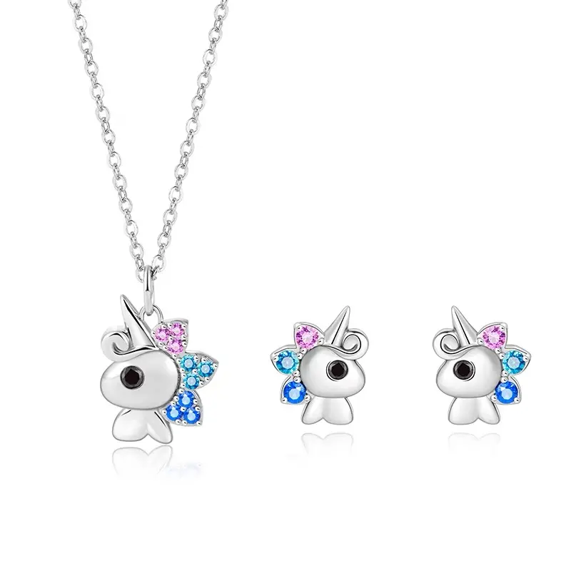 New 925 sterling silver exquisite unicorn animal pendant women's necklace and earrings set jewelry