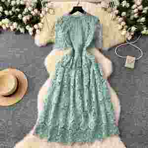 Vestido Midi de Primavera Vintage con Encaje y Tejido Sólido, Corte A, para Mujer, Casual, Ecológico, Transpirable, Lavable, Antiarrugas, Estilo Imperio - Product Image 2