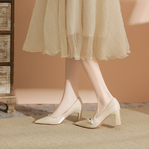 7777-1 <b>Satin</b> Comfort Bridal Pumps Pointed Toe Block Heel Pearl Bead Decor <b>Wedding</b> <b>Shoes</b> for Bride or Bridesmaid - Product Image 3