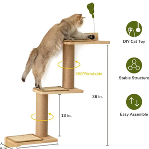 Escalier mural pour chat à 2 niveaux en bois naturel, durable, motif solide, avec tapis en sisal remplaçable, marches de observation, mobilier pour animaux de compagnie peu encombrant - Product Image 2