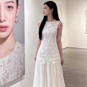 French Style White Sleeveless Patchwork Dress O Neck Natural Waist Daily Casual Long Dress - Product Image 3