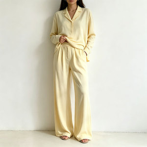 Custom Eco Friendly Women Pajamas Set Yellow Cotton Bamboo Knit Long Top Pants Cardigan Shorts Soft Loungewear <b>Pjs</b> Night Suits - Product Image 3