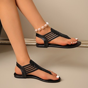 Women Glitter Thong Flat <b>Sandals</b> <b>Elastic</b> Ankle Strap Summer Beach Party Flip Flop Style Ladies <b>Sandals</b> - Product Image 3