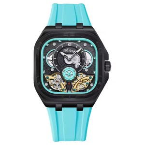 AILANG Montre mécanique pour homme, cadran analogique tourbillon, boîtier noir, bracelet en silicone bleu, mode luxe, boîtier polygone 43 mm - Product Image 1