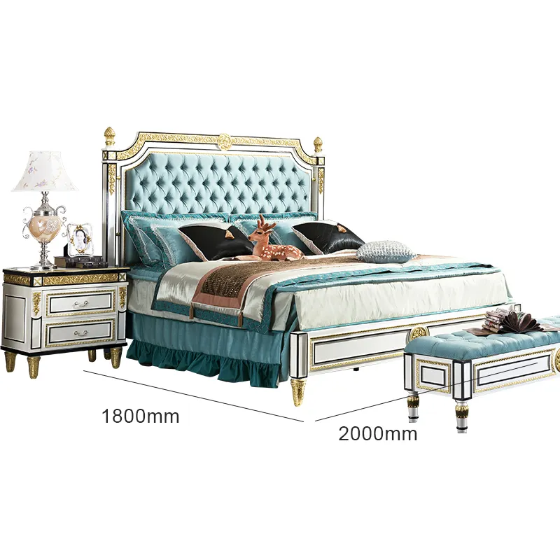 European bed room furniture classic design bedroom set luxury blue button tufted headboard king size wood carved bed