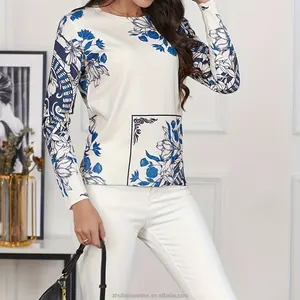 사용자 정의 면 꽃 인쇄 라운드 넥 풀오버 스웨터 다채로운 패치 워크 긴 소매 니트 여성 의류