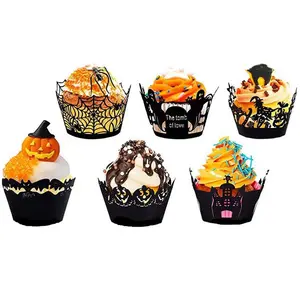 Envoltorios de magdalenas de Halloween, papel de corte láser para hornear, decoración de tazas de pastel