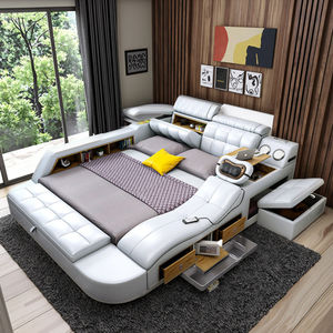 JINSHAN 핫 스마트 가죽 침대, 무선 스피커와 USB 럭셔리 현대 침실 세트 마사지 기능 침대 수납 - Product Image 5