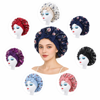 Gorro de Dormir de Satén con Estampado Floral de Rosas al por Mayor para Mujer, Gorro de Noche Voluminoso con Cinta Ancha y Cierre de Lazo, Logotipo Personalizado, Transpirable