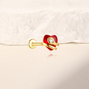 925 Sterling <b>Silver</b> 18K Gold Plated Heart Snake Flat Back Piercing Stud <b>Earring</b> Minimalist Dainty Cartilage Helix <b>Tragus</b> Jewelry - Product Image 2