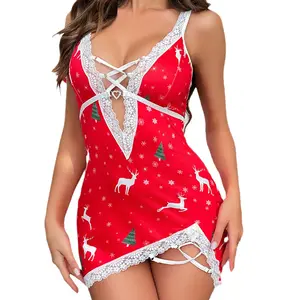 Lingerie sexy pour dames Pyjama à fleurs de Noël Maille deux photos Cosplay Ensemble de lingerie sexy avec string