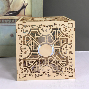 Lanterne en bois ajourée carrée en MDF, décoration d'intérieur, porte-bougie lumineux pour salon, balcon, couloir - Product Image 1