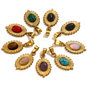 Colgantes Ovalados de Piedra Natural con Diseño de Rayos de Sol |   Acero Inoxidable Chapado en Oro PVD de 18K y Piedras Ovaladas para la Fabricación de Joyas - Product Image 2