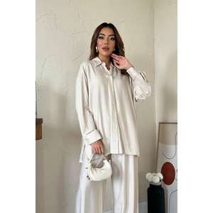 Conjunto de Camisa Beige Alice y Pantalones Anchos para Mujer, Manga Larga, Estilo Normcore Minimalista, Transpirable, con Apariencia de Lino - Product Image 2