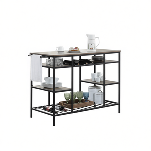 Isola da Cucina con 4 Ripiani, Piano in Rovere e Struttura in Metallo Nero, Design Moderno per Stoccaggio e Servizio in Cucina - Product Image 1