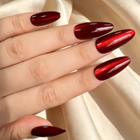 Faux ongles magnétiques réutilisables en amande, effet œil de chat rouge vin, personnalisables en marque blanche pour la vente en gros, qualité salon