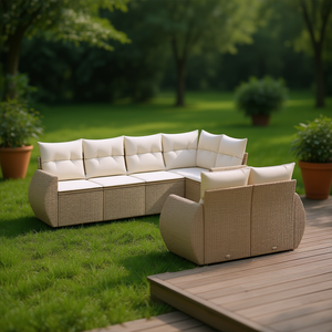 Beige Garden <b>Sofa</b> Set Outdoor Furniture <b>Rattan</b> Cushioned Contemporary Design - Product Image 2