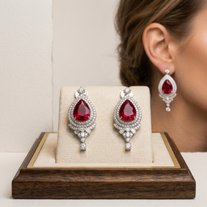 Bridal Dainty Heart Pear Shape Ruby <b>Stud</b> <b>Earrings</b> Set Silver Tone Vintage Wedding Party Birthstone Gift for Women - Product Image 4
