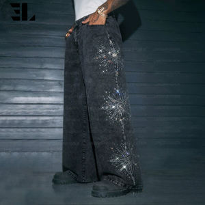 लार्सुर कस्टम कारखाना संकट वॉश राइनस्टान हीरा अलंकृत डेनिम पैंट सीधे बैगी क्रिस्टल रत्न - Product Image 1