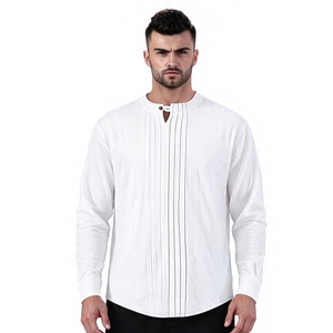 Customized <b>Men's</b> Linen Casual Long Sleeve Pleated Front T-<b>Shirt</b> Button <b>Henley</b> Collared Loose Pullover T-<b>shirt</b> - Product Image 1