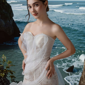 Elegant Strapless Mermaid <strong>Wedding</strong> <strong>Dress</strong> Modern Sweetheart Intricate Embroidered Sequined Bodice Voluminous <strong>Ombre</strong> Flowers Ruffles - Product Image 2