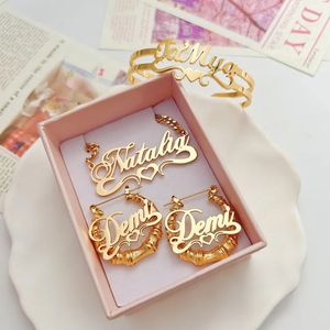 Tùy Chỉnh Cá Nhân Tên Đồ Trang Sức Tùy Chỉnh Bông Tai Vòng Cổ Vòng Đeo Tay Trang Sức Set 18K Mạ Vàng Thép Không Gỉ Vòng Đeo Tay Cho Phụ Nữ - Product Image 3