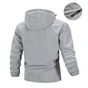 Men's Gray Soft Shell Jacket with Hood Zipper Pockets Waterproof Solid Thin Outdoor Regular Fit All Seasons - Product Image 2