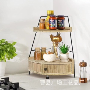 Estante de almacenamiento de esquina de madera de 2 niveles con cajón para organizador de cosméticos de baño, color madera natural, independiente - Product Image 3