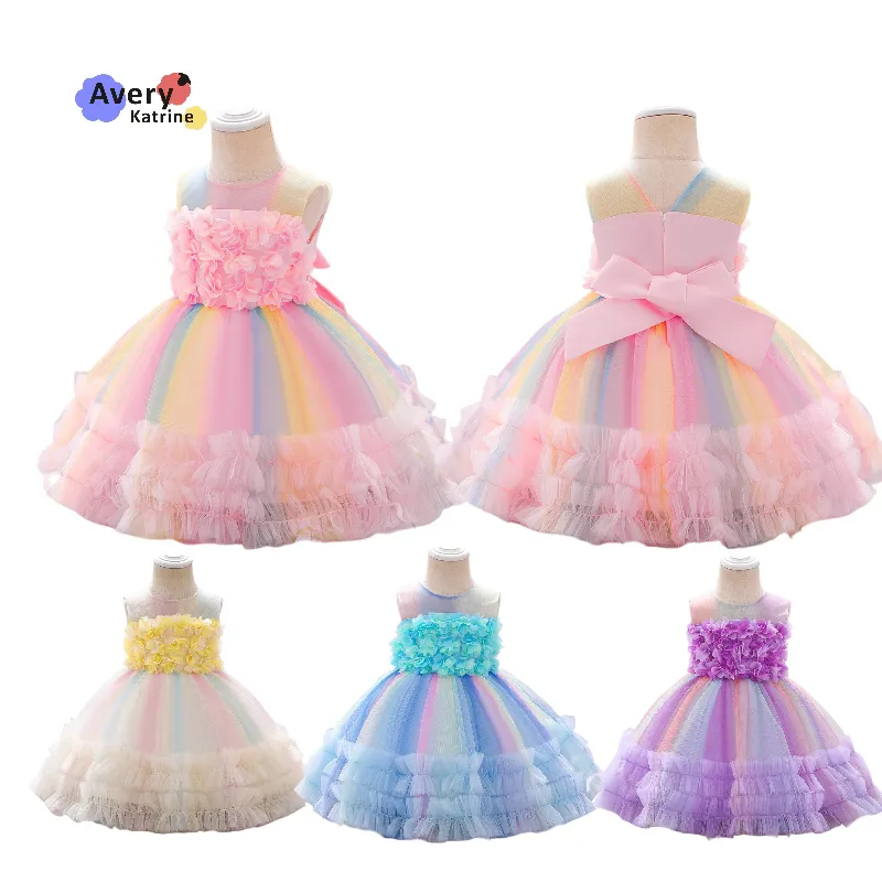 Girl Rainbow Gradient Kids Ruffle Lace Party Wedding Flower Dress