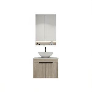 Meuble-lavabo mural en chêne blanc de 24 pouces au design moderne avec porte à fermeture douce, vasque en céramique et miroir inclus - Product Image 1