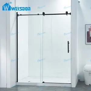 Pintu kamar mandi desain Modern, pintu kamar mandi kaca geser tanpa bingkai baja tahan karat hitam Matte