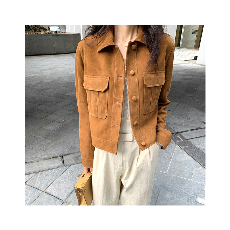 3131 Custom Logo Single Breasted Pocket Lapel Plain Sheep Suede Leather Jackets Streetwear