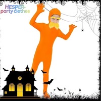 Costume d'Halloween en soie HESPER avec barbe jaune et sourcils, combinaison orange révélant le visage pour la fête d'Halloween des hommes