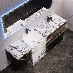 Meuble de salle de bain de luxe en contreplaqué massif avec miroir LED intelligent, plan de travail en pierre frittée et tiroirs - Product Image 4