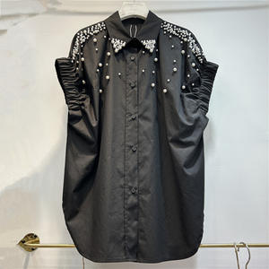 אופנה נשים חולצה מזדמנים חולצה שרוול עלים חרוזים עם כפתור קישוט בסגנון xs גודל דפוס מוצק עבור האביב/קיץ - Product Image 5