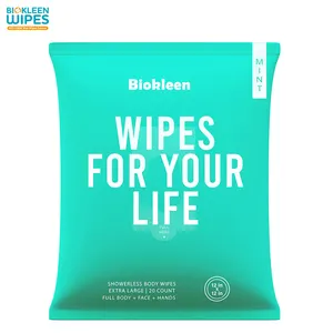 Biokleen Custom 20 Sheets Gym Hiking Travel Camping Post Workout Wipes Biodegradable Quick Mint Refreshing Body Bathing Wipes