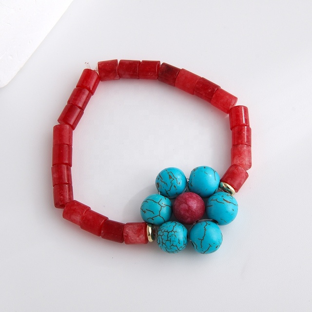 Women's Adjustable Vintage Red Agate Stone Beads Bracelet with Turquoise Conch Shell Flower Shape for Anniversaries