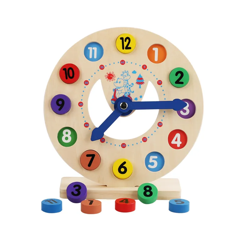 Relógio de madeira para bebês, relógio digital de brinquedo com blocos coloridos, jogo de cognição, relógio educativo