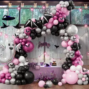 Roze Halloween Ballon Slinger Boog Kit Met Zwart Roze Zilveren Ballonnen Ghost Bat 3d Bat Sticker Folie Ballonnen