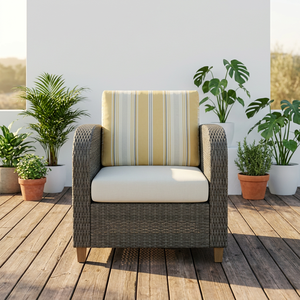 Outdoor Wood Garden <b>Chair</b> with Yellow Striped <b>Cushion</b> Contemporary Design Durable Frame Turned Legs for Living Room & <b>Dining</b> - Product Image 2
