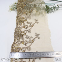 Dentelle brodée de 19 cm avec fil doré et fleurs roses pailletées, tissu en maille nude pour hijab musulman, foulard et robe