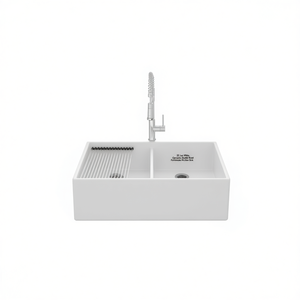 Évier de cuisine double en céramique blanche, style ferme, 33 pouces, à encastrer, rectangulaire, surface brillante, installation sur comptoir - Product Image 1