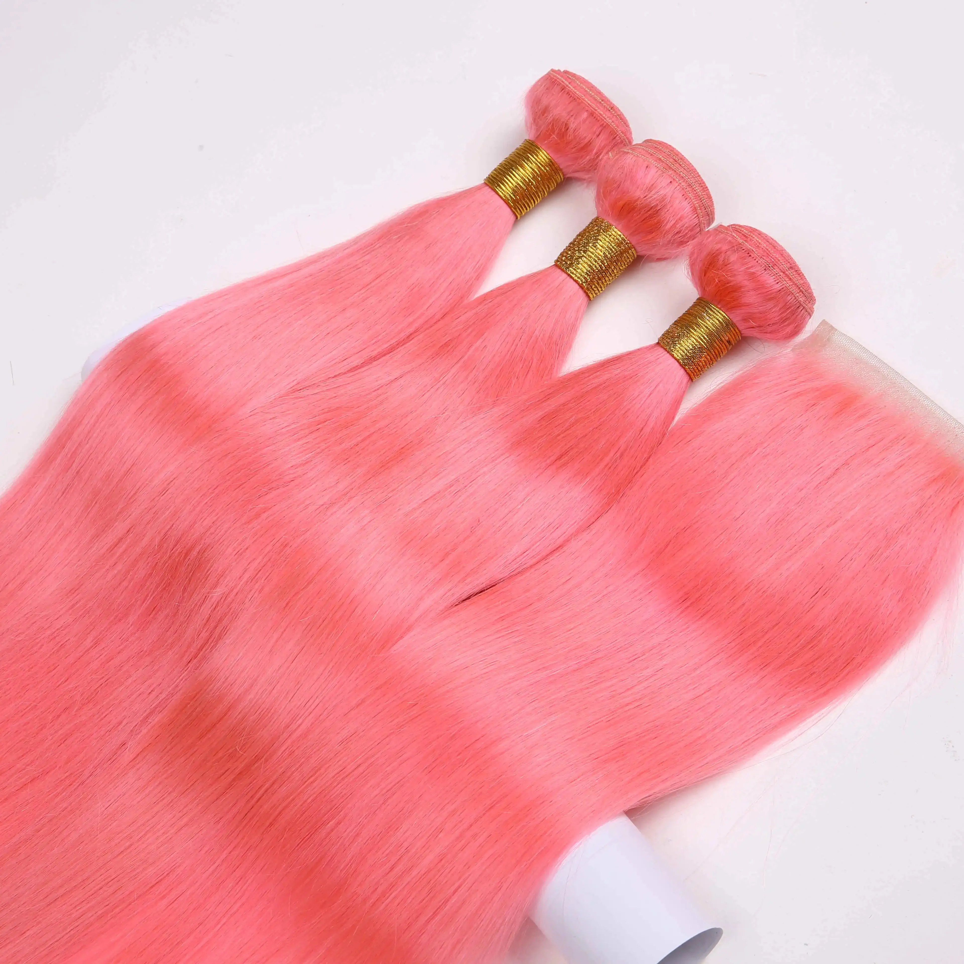 Hair Products Pink Color Remy Hair Bundles Wholesale Mink 100% human Hair Bundles with Lace Closure