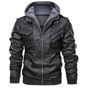 Mens Casual Stand Collar PU Faux Leather Zip Up Motorcycle Bomber Jacket With a Removable Hood